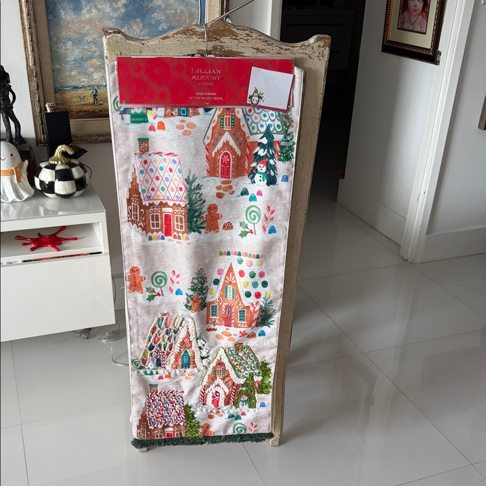 Lillian August Holiday Gingerbread House Multicolor Embellished Table Runner
